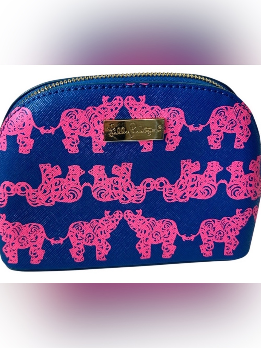 Lily Pulitzer Zipper Case Pink Elephant Blue Bamboo Pull 7.5 x 5 x 3.5